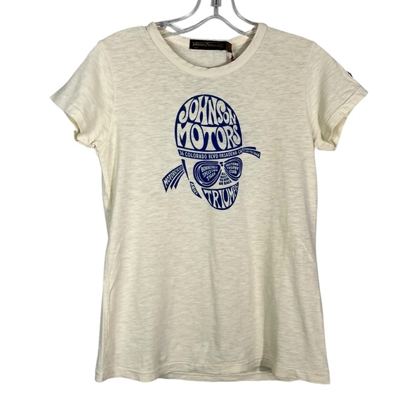 Johnson Motors Women's Cream Fitted Baby Tee NWT Bikercore Biker Large L Racing - Picture 1 of 8
